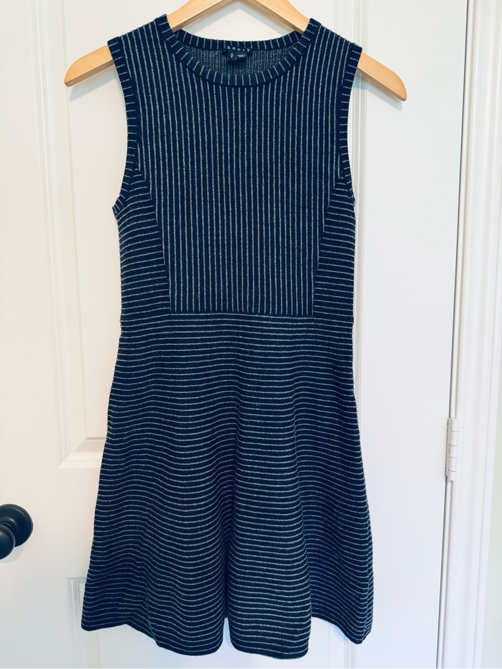 Theory Navy and Gray Wool Striped A-line Knit Dress